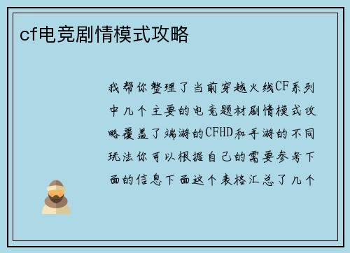 cf电竞剧情模式攻略